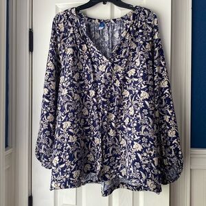 NWOT Old Navy blue and tan floral print balloon long sleeve cotton top